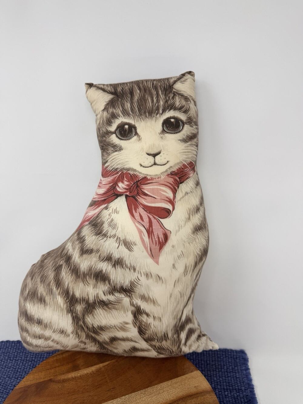 Vintage Handmade Stuffed Printed Sitting Cat Pillow Pink Bow Granny Decor 13"
